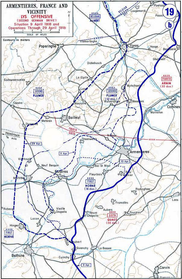 Battle of the Lys, showing Wytschaete and Dickebusch and phases of German advance