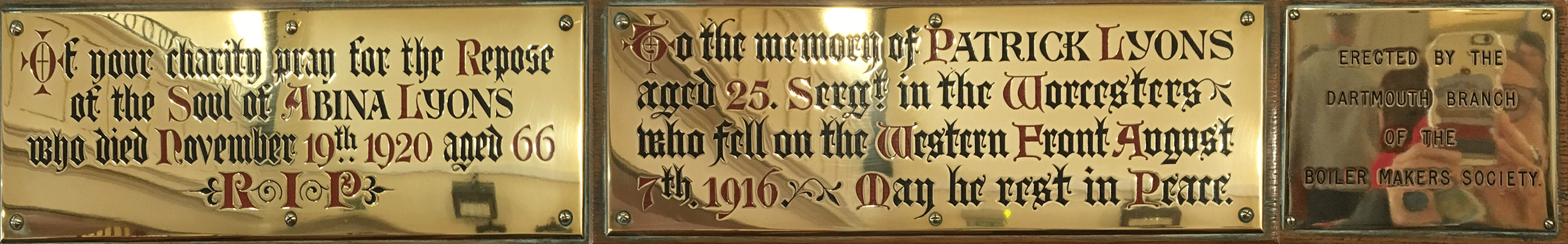 Abina and Patrick Lyons Memorial Plaques in Catholic Church of St John the Baptist Dartmouth